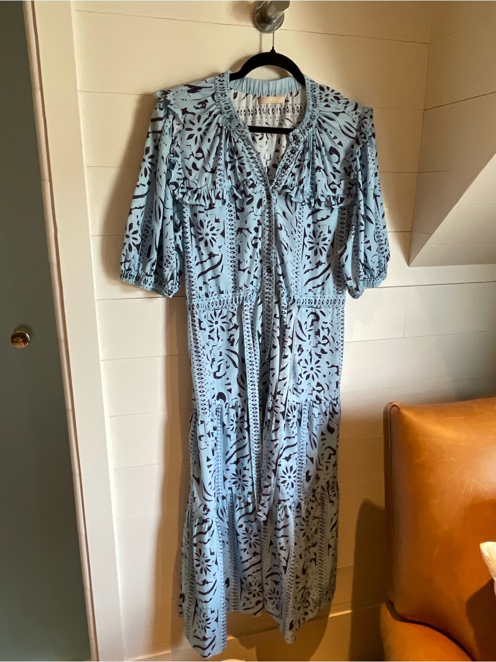 Light Blue Floral Cutout Maxi Dress with Ruffle Yoke